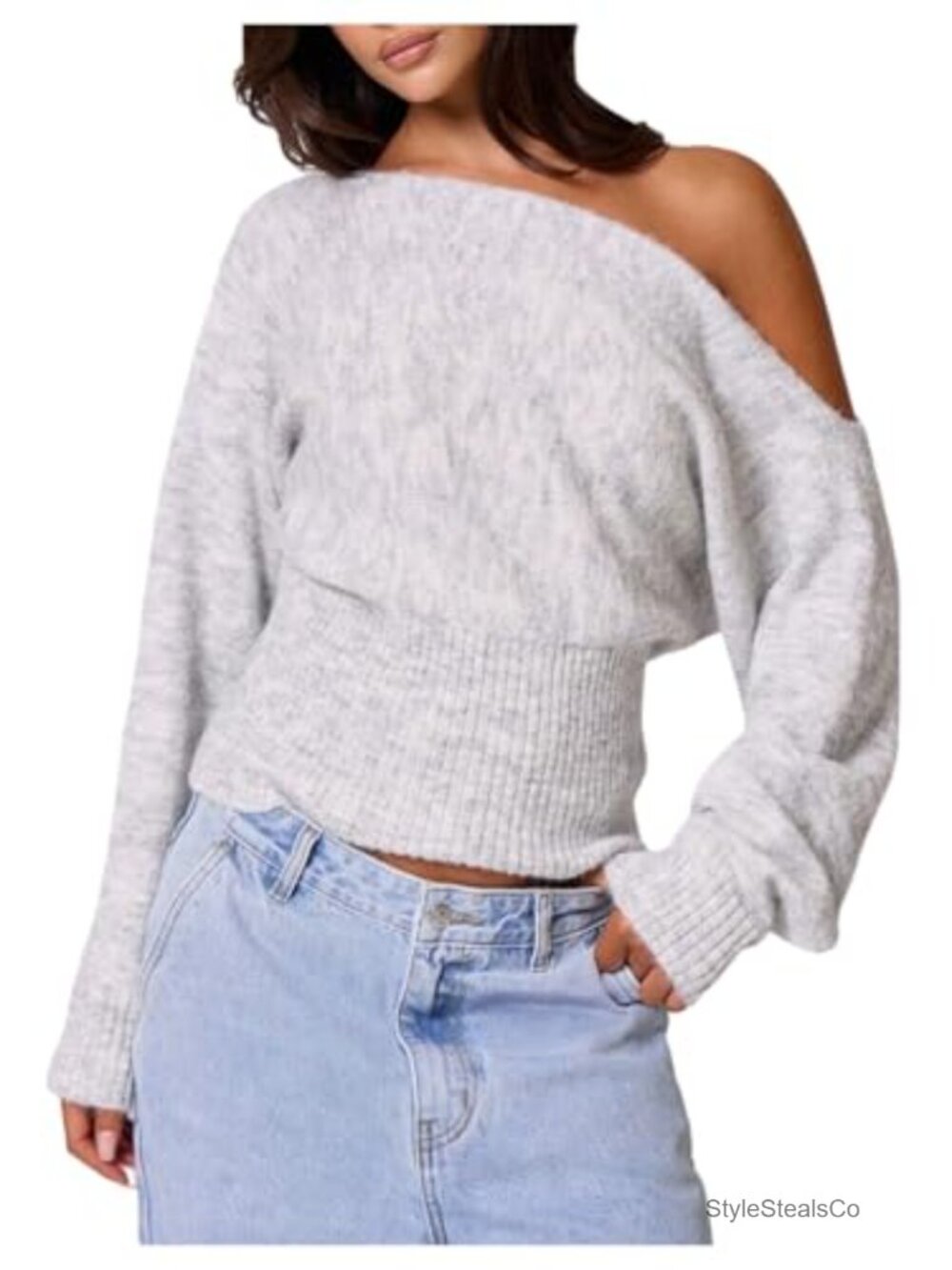 Off Shoulder Sweater Rib Knit Long Sleeve Cinched Waist Pullover Womens